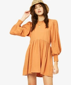 BILLABONG Day To Dream Long Sleeve Babydoll Dress TOFFEE