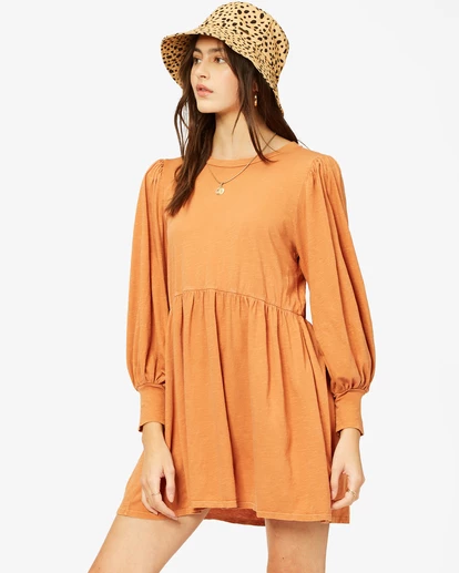 BILLABONG Day To Dream Long Sleeve Babydoll Dress TOFFEE 2 BILLABONG Day To Dream Long Sleeve Babydoll Dress TOFFEE - Image 2
