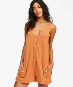 BILLABONG Fade Away Button-Up Knit Romper TOFFEE